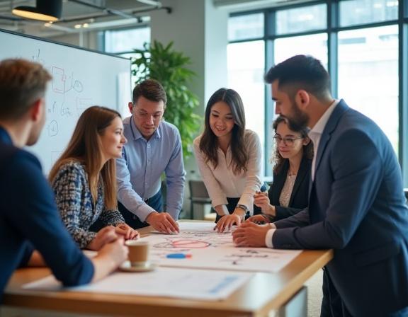 A modern and collaborative office space in Singapore with a few team members discussing a project.